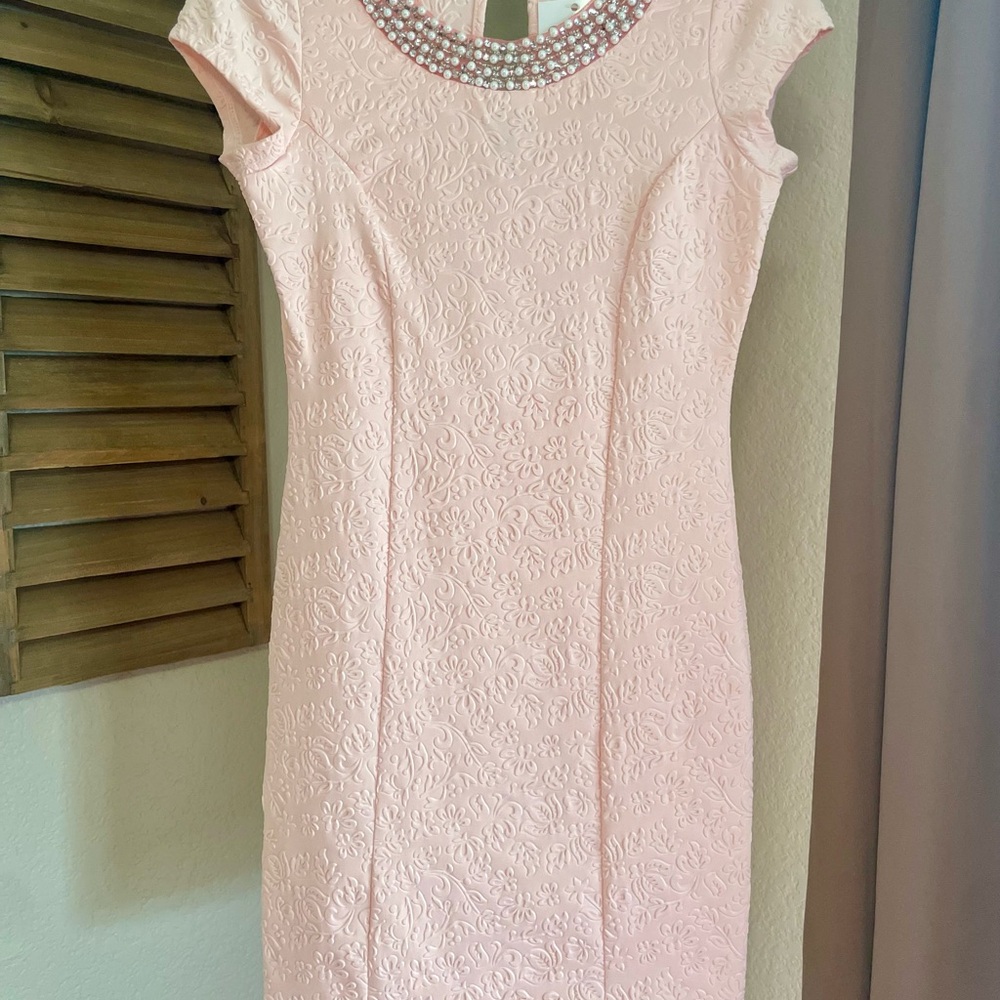 Pink Cap Sleeve Dress with Embellished Neckline